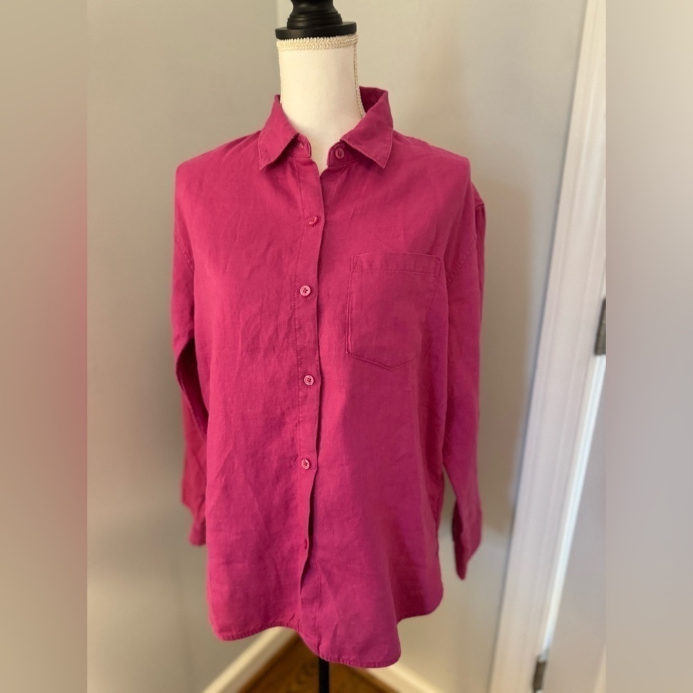 ATHLETA RETREAT LINEN TOP BLOUSE LONG SLEEVE. RASPBERRY SIZE S.